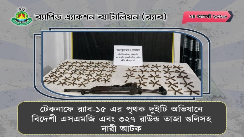 টেকনাফে র‌্যাবের পৃথক অভিযান: বিদেশি এসএমজি উদ্ধার, ৩২৭ রাউন